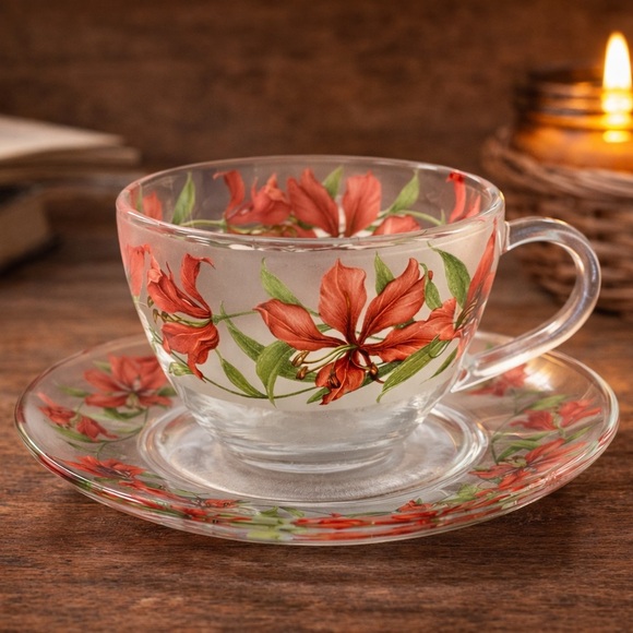 Briliant Indonesia Frosted Glass Teacup & Saucer Red Lily Floral Vintage - Picture 2 of 8